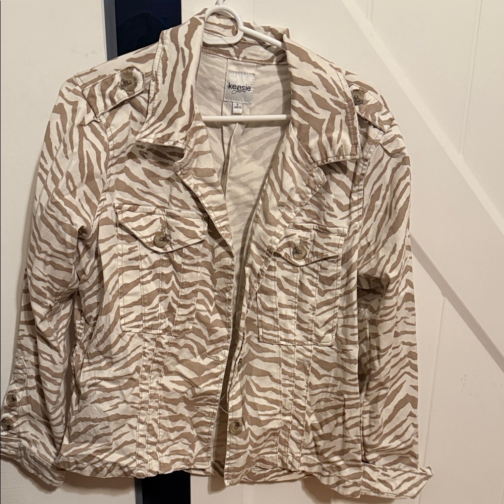 Kensie Zebra Print Jean Jacket - Cream and White
